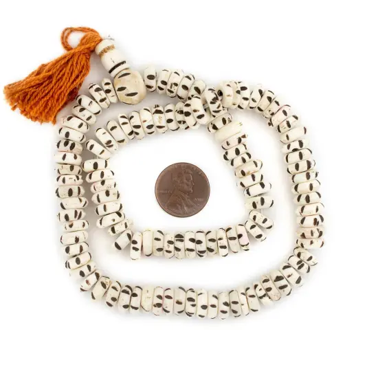 The Bead Chest White Carved Disk Bone Beads 10mm Nepal Black and White Large Hole 18 Inch Strand {2}