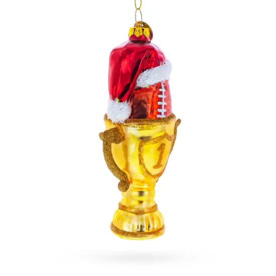 Football Trophy in Santa Hat Glass Christmas Ornament {3}