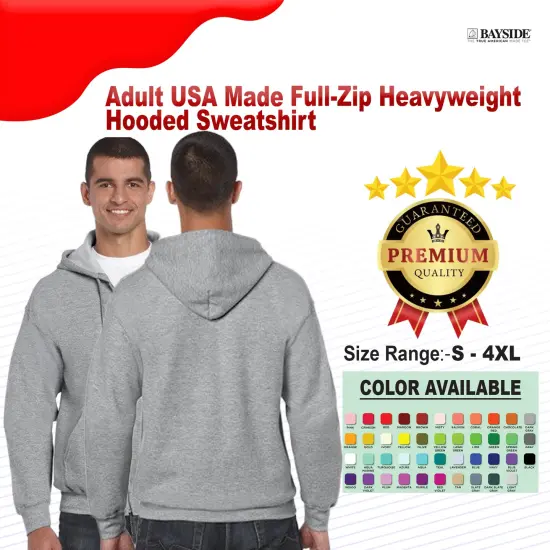 Bayside&reg; Adult USA Made Full-Zip Heavyweight Hooded Sweatshirt CARDINAL {2}