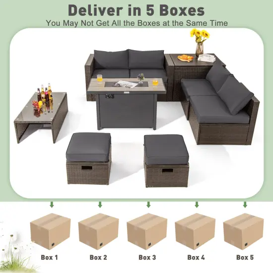 9 Pieces Outdoor Patio Furniture Set with 42 Inch Propane Fire Pit Table Grey {4}