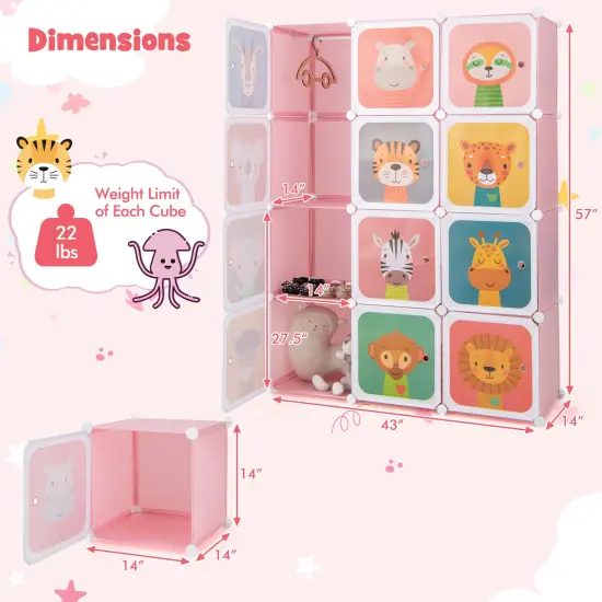 12 Cube Kids Closet with Hanging Rod and Storage Doors for Easy Organization Pink {3}