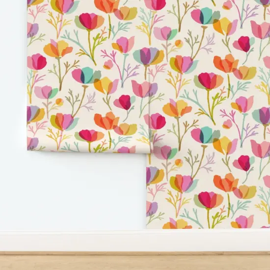 Peel & Stick Wallpaper 2FT Wide Watercolor Floral Botanical Garden Poppy Mid Century Modern Stained Glass Layered Textured Summer Spring Hand Painted Bloom Flowers Feminine Custom Removable Wallpaper by Spoonflower {2}