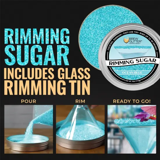 Brew Glitter - Ocean Blue Rimming Sugar (4oz, 1x Bar Tin) Cocktail Garnish for Mixed Drinks & Refreshments {3}
