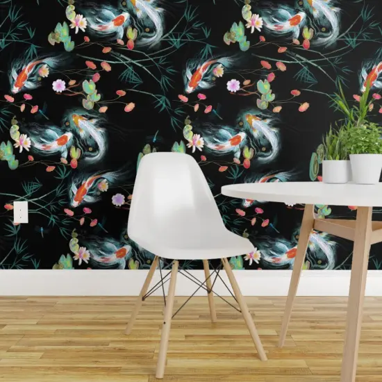 Pre-Pasted Wallpaper 2FT Wide Black Koi Fish Japanese Floral Large Scale Decorative Carp Chinoiserie Water Garden Custom Pre-pasted Wallpaper by Spoonflower {1}