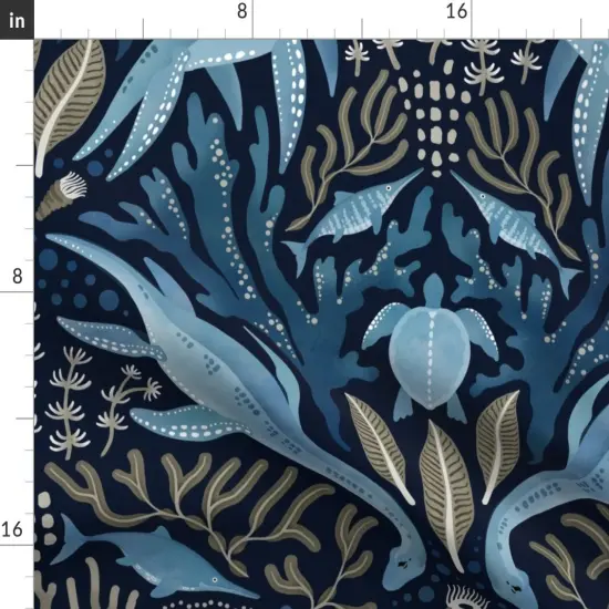 Various Fabrics by the Yard or Fat Quarter Watercolor Dinosaur Blue Ocean Under The Sea Ammonites Turtle Kids Play Room Kelp Seaweed Plesiosaurs Prehistoric Animals Large Scale Custom Printed Fabric by Spoonflower {2}