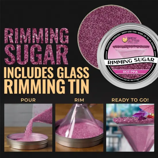 Brew Glitter - Hot Pink Rimming Sugar (4oz, 1x Bar Tin) Cocktail Garnish for Mixed Drinks & Refreshment {3}