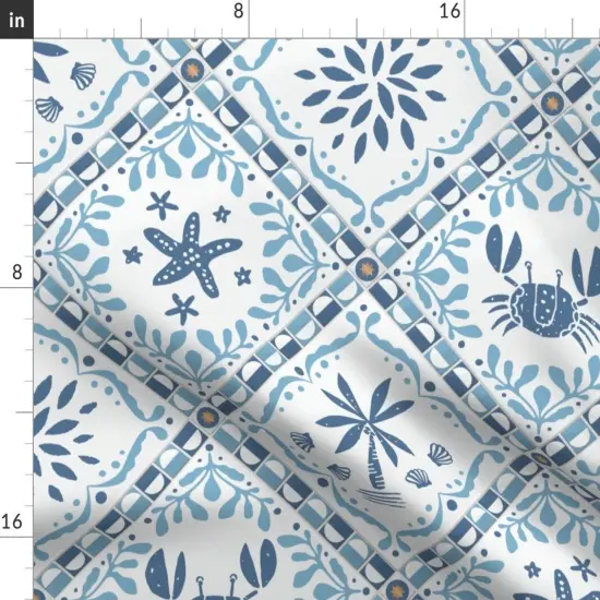 Various Fabrics by the Yard or Fat Quarter Faux Tile Patchwork Coastal Beach House Starfish Marine Life Preppy Palm Tree Seashells Ocean Under The Sea Grandmother Blue And White Mosaic Custom Printed Fabric by Spoonflower {2}