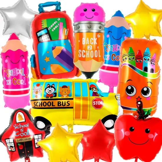 21 Pcs Large Back to School Balloons,Colorful Pencil Crayon Schoolbag Star Bus House Foil Balloons {1}