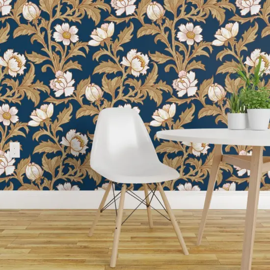 Peel & Stick Wallpaper 2FT Wide Traditional Navy Floral Heritage Revival Botanical White Flower Poppies Roses Peonies Custom Removable Wallpaper by Spoonflower {1}