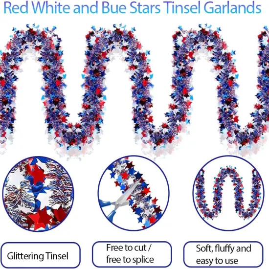 33 Ft Red White Blue Star Tinsel Garland for 4th of July Decorations {4}