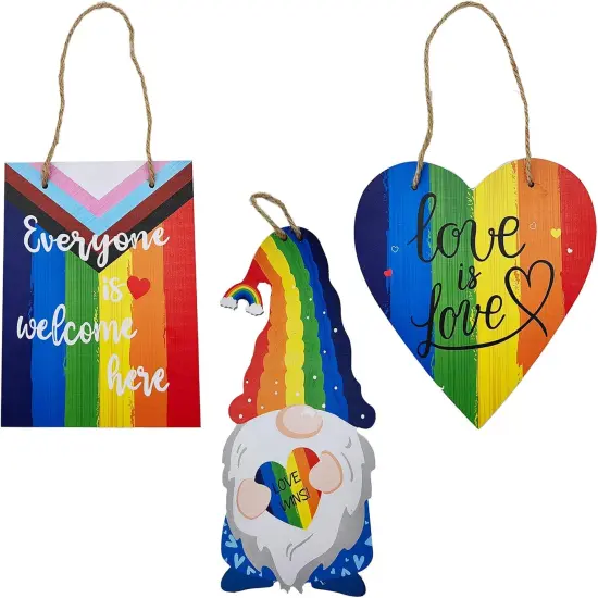 Rainbow Pride Decorations, Wood Hanging Signs, Love Wins/Every One Is Welcome Here/Gnome Hanging Decorations for Office Outdoor Double Sided Printing| Perfect for Rainbow Pride Party - SET of 3 {1}