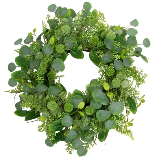 Northlight Seeded Eucalyptus with Sweet Gum Flowers Artificial Spring Wreath - 24" Green {3}