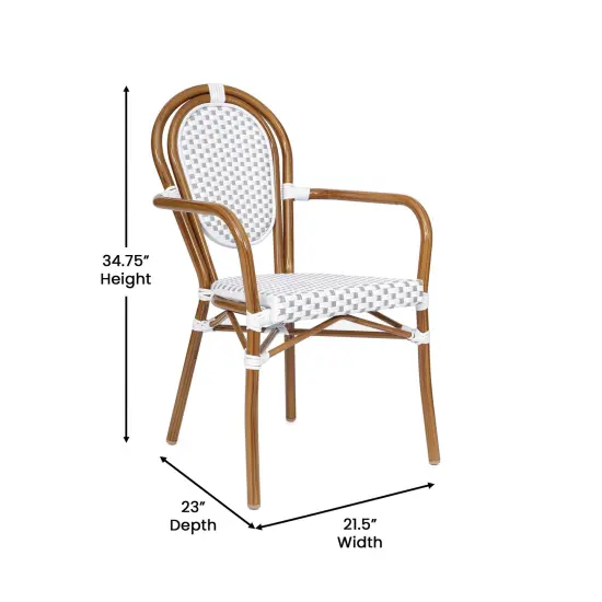 Merrick Lane Celia Set of Two Stacking Thonet Bistro Style Chair with Arms, PE Rattan Seat, and Metal Frame for Indoor/Outdoor Use White&Gray/Natural {5}
