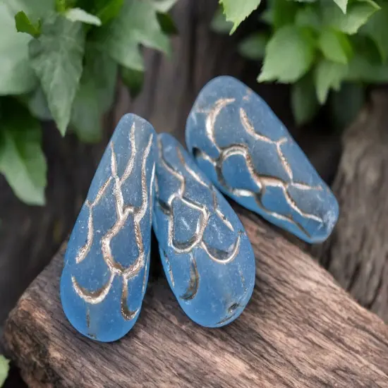 *6* 25x12mm Platinum Washed Matte Transparent Ocean Blue Mermaid Scale Large Drop Beads {4}