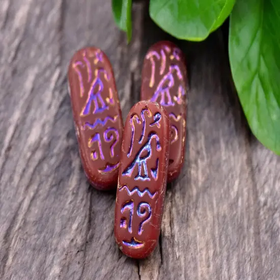 *6* 25x10mm Matte Red Opaline Rainbow Metallic Egyptian Cartouche Oval Beads {3}