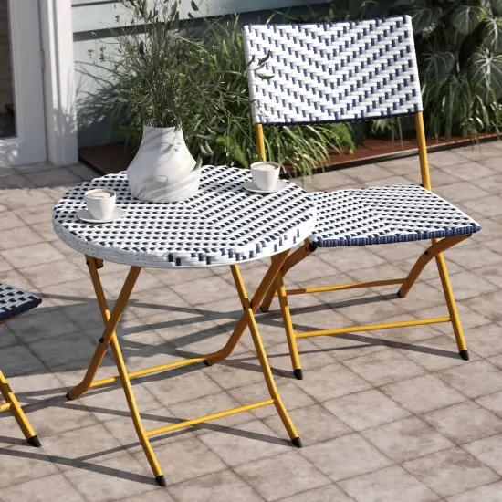 Emma and Oliver Ciel Three Piece Folding Bistro Set in PE Rattan with Metal Frames for Indoor and Outdoor Use Navy & White {3}