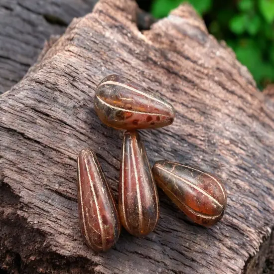 *6* 22x11mm Copper Washed Crimson Amber Picasso Melon Drop Beads {2}