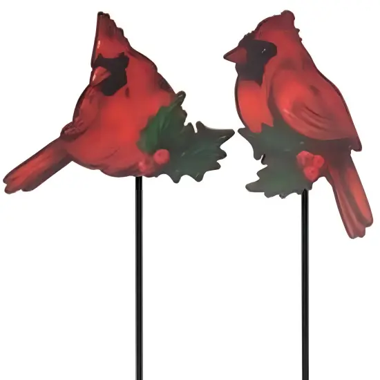 Red Wood and Metal Cardinal Plant Stakes with Holly Accents 2 Asstd. {3}