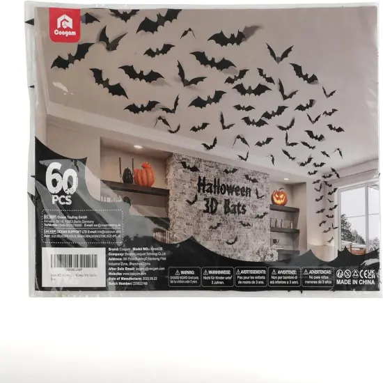 60PCS Halloween Bats Decoration, 4 Different Sizes Realistic PVC Black 3D {2}
