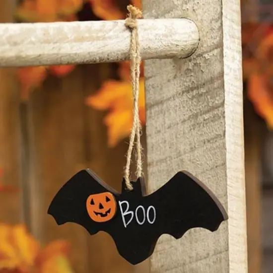 Wooden Halloween Bat Ornament with Jack O Lantern Design and Jute Hanger Boo Sign Decoration {2}