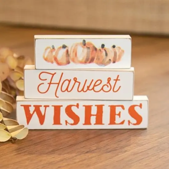3-Piece Wooden Block Set with Pumpkin and Harvest Design for Fall Decor {7}