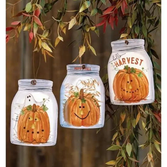 Multi-Color Wooden Fall Ornament with Pumpkin Jar Designs and Autumn Phrases for Seasonal Decor 3 Asstd. {5}