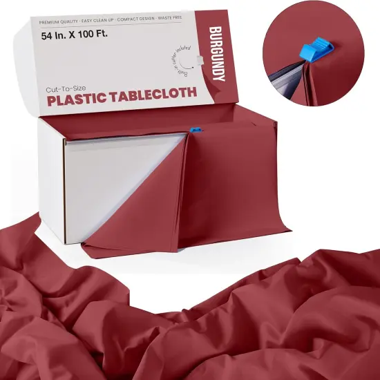 Exquisite Party Solids 54" x 100' Plastic Table Cover Roll with Slide Cutter &ndash; Cut-to-Size Dispenser Box &ndash; Makes Up to 36 Disposable 8' Rectangle Tablecloths Burgundy {3}