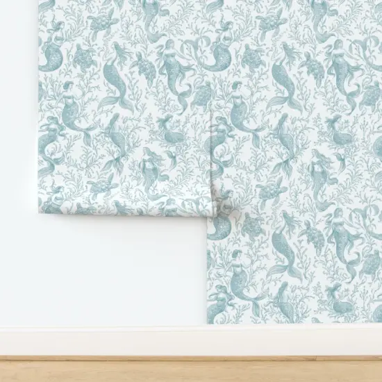 Non-Pasted Wallpaper 2FT Wide Underwater Ocean Nautical Summer Sea Turtles Mermaids Seafoam Coastal Toile De Jouy Traditional Wallpaper by Spoonflower {2}