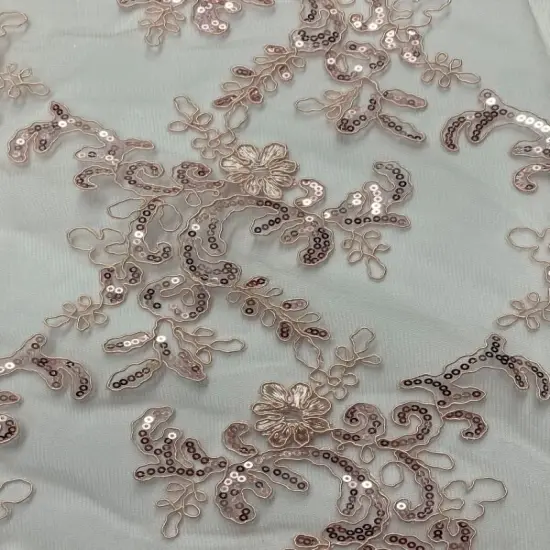 1 Yard Blush Pink Corded Sequin Embroidered Mesh Lace Fabric with Scallop Edge 54&rdquo; Wide {5}