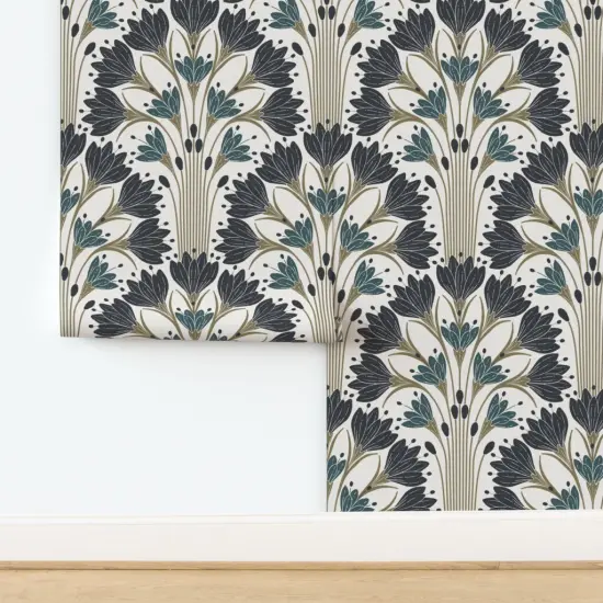 Non-Pasted Wallpaper 2FT Wide Block Print Floral Green Black Beige Abstract Geometric Flowers Bold Elegant Bohemian Traditional Wallpaper by Spoonflower {2}