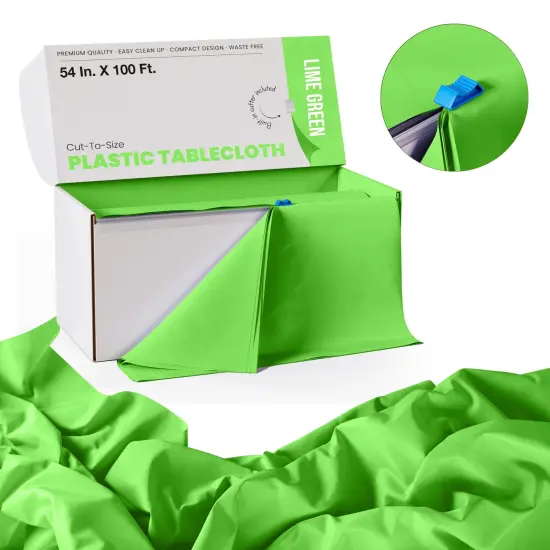 Exquisite Party Solids 54" x 100' Plastic Table Cover Roll with Slide Cutter &ndash; Cut-to-Size Dispenser Box &ndash; Makes Up to 36 Disposable 8' Rectangle Tablecloths Lime Green {2}