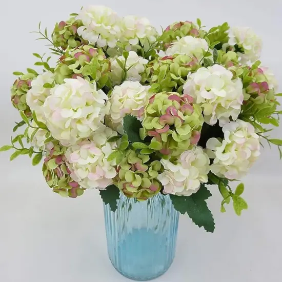 Green Artificial Hydrangea Flowers &ndash; Small Silk Fake Flower Bouquet with 10 Heads &ndash; 1 Bundle for Wedding, Party, or Home Decor {1}