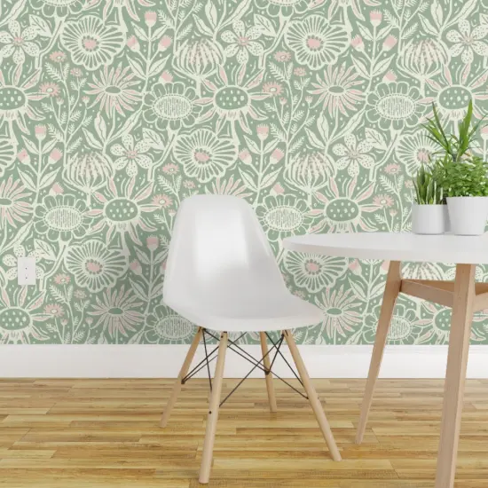 Peel & Stick Wallpaper 2FT Wide Green Floral Pink Botanical Summer Scandinavian Block Print Farmhouse Cottagecore Wildflowers Custom Removable Wallpaper by Spoonflower {1}