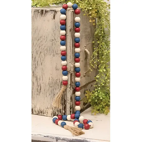 Patriotic Red White & Blue Wooden Bead Garland 52&rdquo; Rustic Americana Decor with Jute Tassels {2}