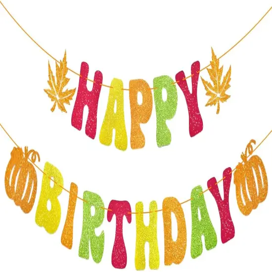 Thanksgiving Glitter Happy Birthday Banner - Autumn Fall Theme Hanging Paper {1}