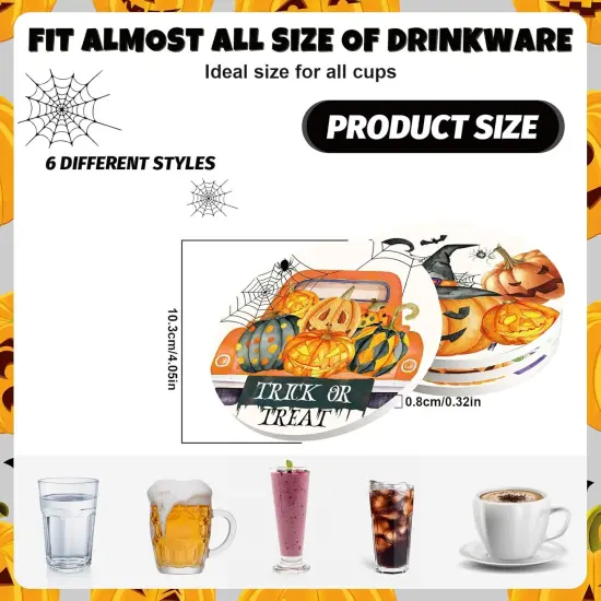 6Pcs Halloween Coasters Watercolor Ceramic Coasters Pumpkin,4.1 x 0.3 Inch {2}