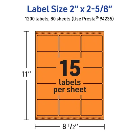 Avery Bright Orange Paper Labels, 2" x 2-5/8" Rectangle {5}