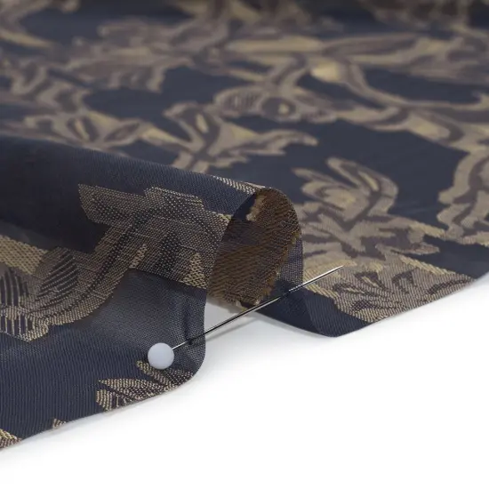 1 Yard Navy Blue Gold Polyester Burnout Brocade Fabric Classical Floral Vines 56 inch Width {2}