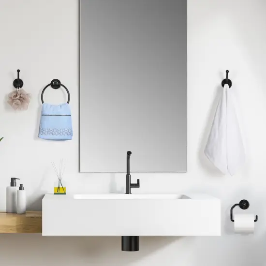 4-Piece Wall-Mounted Bathroom Accessories Set Matte Black Towel Ring, Toilet Paper Holder & 2 Double Robe Hooks Space-Saving Modern Bathroom Hardware {4}