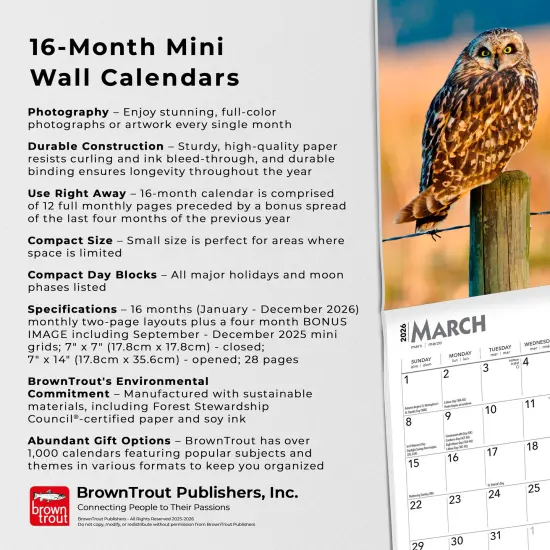 Owls | 2026 7 x 14 Inch (Hanging) Monthly Mini Wall Calendar {6}