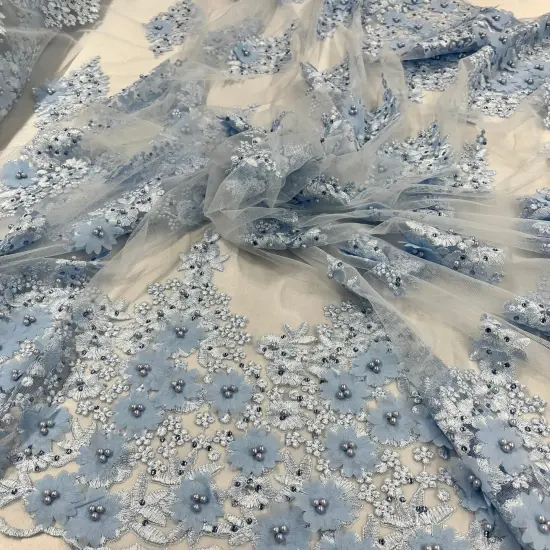 1 Yard Beaded 3D Floral Lace Fabric Embroidered on 100% Polyester Net Mesh 52" Width Silver {2}