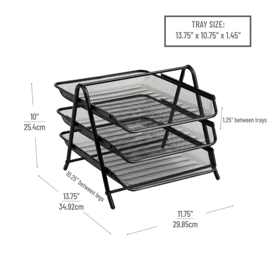 3-Tier Paper Tray, Desktop Organizer, File Storage, Office, Metal Mesh, 11.75"L x 13.75"W x 10"H, Black {1}