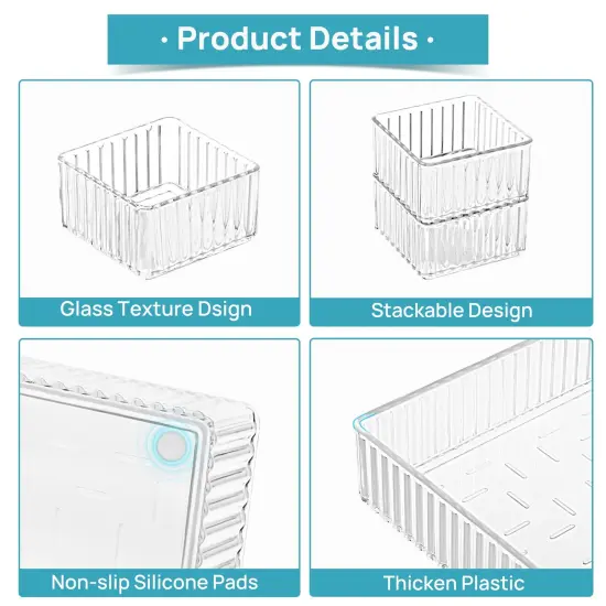 7 PCS Clear Drawer Organizers Bins, 4-Size Stackable Makeup and Vanity Drawer Organizer Trays, Acrylic Bathroom Drawer Storage Containers for Cosmetic, Office Supply, Kitchen Utensils Gadgets {3}