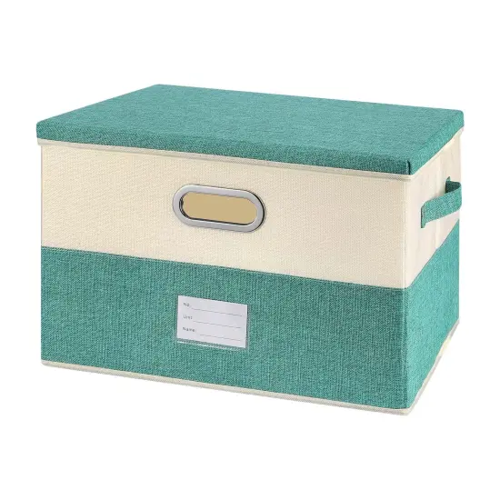 Large Linen Fabric Foldable Storage Bins with Removable Lid and Handles, Washable Storage Box Organizer Containers Baskets Cube with Cover for Bedroom,Closet,Office (Turquoise&Cream, Medium) {1}