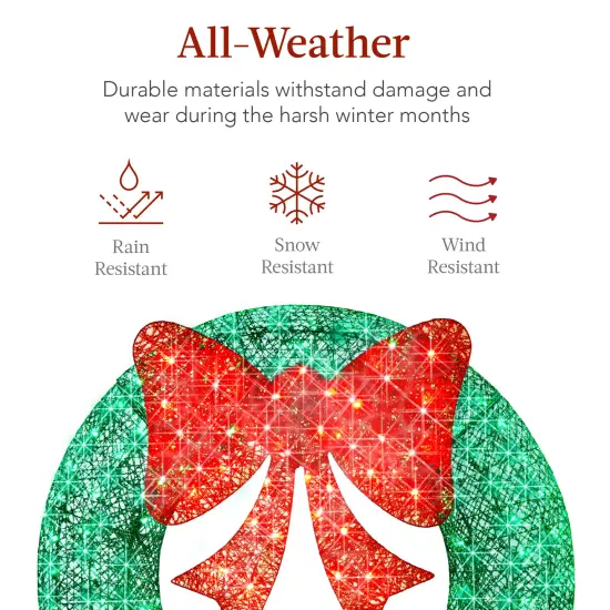 Best Choice Products 60in Pre-Lit Outdoor Christmas Wreath, LED Metal Holiday D&eacute;cor w/ 206 Lights, Bow Green/Red {5}