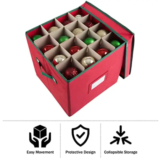 Christmas Box with Adjustable Dividers and Lid Ornaments Storage, Red {1}