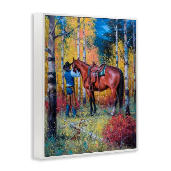 Cowboy Strapping Colt Horse Wild West Fall Forest Framed Giclee Art White {3}