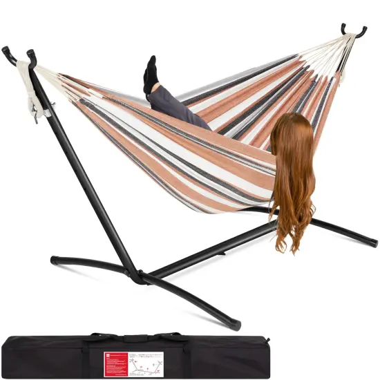 Best Choice Products 2-Person Brazilian-Style Cotton Double Hammock with Stand Set w/ Carrying Bag Desert Stripes {1}