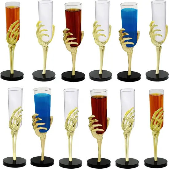4E's Novelty Skeleton Hand Flutes 12 Pack, 2.7oz Clear Plastic Halloween Goblets, BPA-Free Skeleton Cocktail Cups, Wine & Shot Glasses for Halloween Parties, Pirate Parties, Spooky Drinkware & Party Supplies {2}