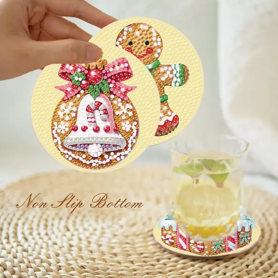 8 Pcs Christmas Diamond Art Coasters Kits with Holder, Gingerbread Snowman 5D DIY Diamond Pinting Coasters Acrylic Round Cup Coaster with Cork Pads for Tabletop Protection 10&times;10 CM {4}